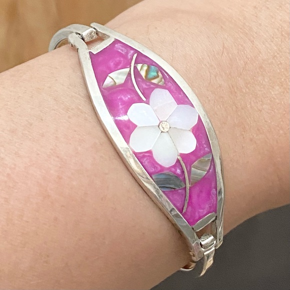 Vintage Alpaca Mexico Mexican Silver Mother of Pearl Inlaid ID Cuff Bracelet - Picture 4 of 13